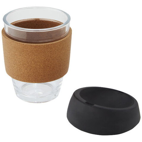 Lidan 360 ml Becher aus Borosilikatglas mit Korkgriff und Silikondeckel, schwarz bedrucken, Art.-Nr. 10066590