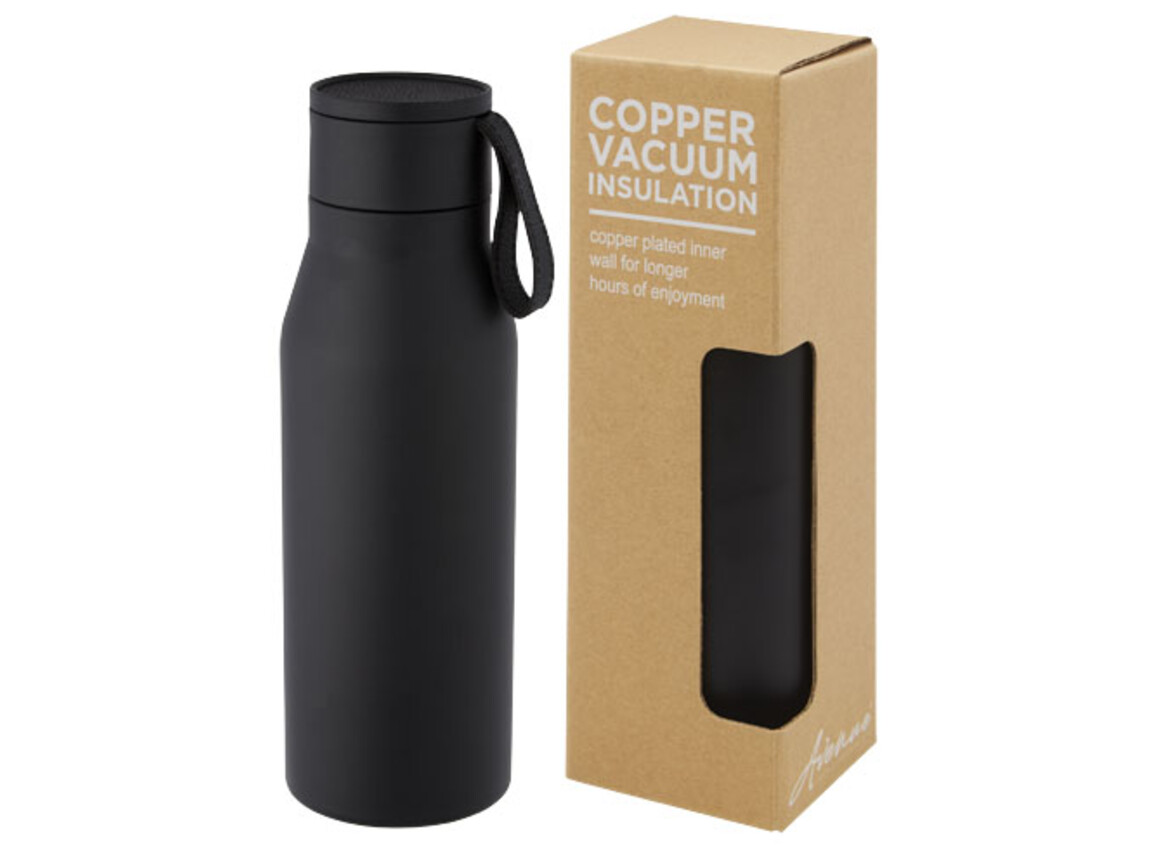 Ljungan 500 ml Kupfer-Vakuum Isolierflasche mit PU Kunststoffband und Deckel, schwarz bedrucken, Art.-Nr. 10066890