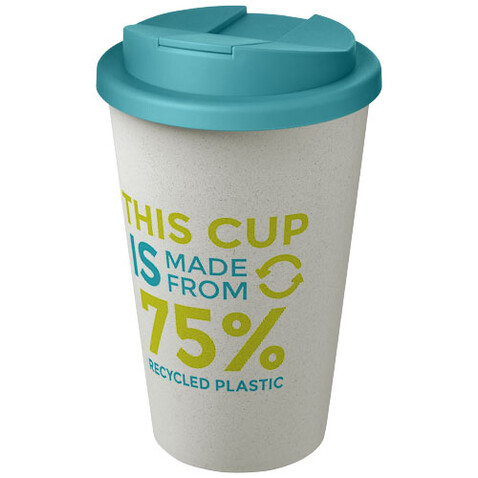 Americano® Eco 350 ml recycelter Becher mit auslaufsicherem Deckel, aquablau, weiss bedrucken, Art.-Nr. 21042557 Americano® Eco 350 ml recycelter Becher mit auslaufsicherem Deckel, aquablau, weiss bedrucken, Art.-Nr. 21042557