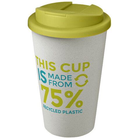 Americano® Eco 350 ml recycelter Becher mit auslaufsicherem Deckel, limone, weiss bedrucken, Art.-Nr. 21042565