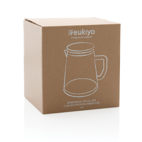 Ukiyo Borosilikat-Glaskaraffe mit Bambusdeckel 1.2L transparent bedrucken, Art.-Nr. P264.060