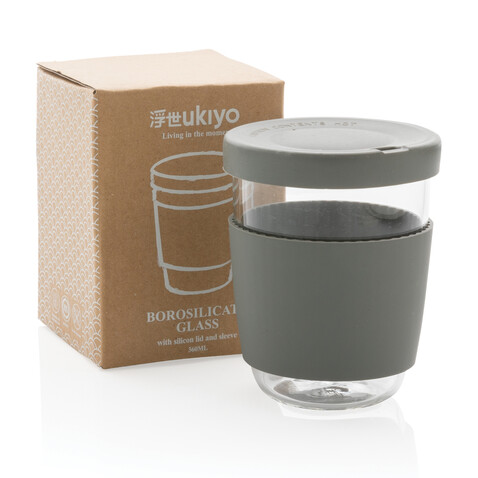 Ukiyo Borosilikatglas mit Silikondeckel &amp; Sleeve grau bedrucken, Art.-Nr. P432.702