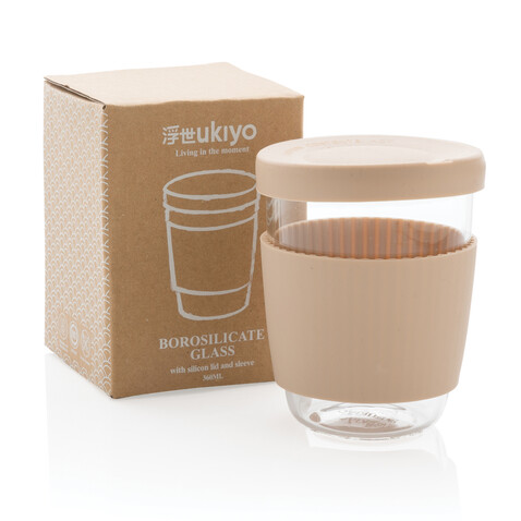 Ukiyo Borosilikatglas mit Silikondeckel &amp; Sleeve braun bedrucken, Art.-Nr. P432.709