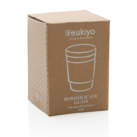 Ukiyo Borosilikatglas mit Silikondeckel &amp; Sleeve braun bedrucken, Art.-Nr. P432.709