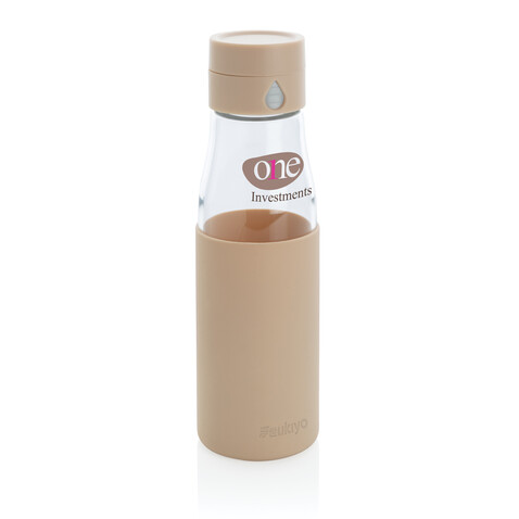 Ukiyo Trink-Tracking-Flasche aus Glas mit Hülle braun bedrucken, Art.-Nr. P436.729