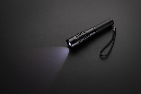Gear X wiederaufladbare USB Taschenlampe schwarz bedrucken, Art.-Nr. P513.851