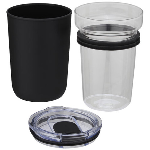 Bello 420 ml Glasbecher mit Außenwand aus recyceltem Kunststoff, schwarz bedrucken, Art.-Nr. 10067590