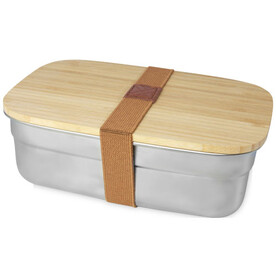 Tite Brotdose aus Edelstahl mit Bambusdeckel, natural, silber bedrucken, Art.-Nr. 11327506
