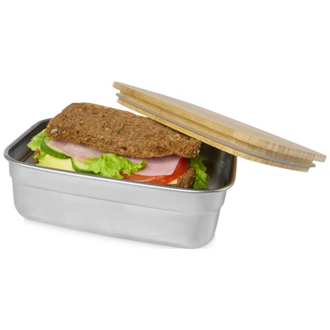 Tite Brotdose aus Edelstahl mit Bambusdeckel, natural, silber bedrucken, Art.-Nr. 11327506