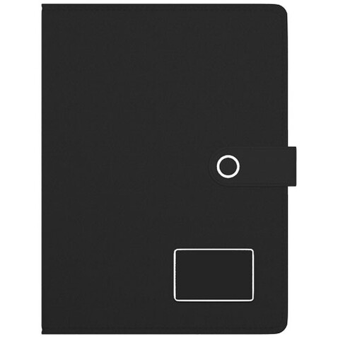 SCX.design O17 A4 Notizbuch Powerbank mit Leuchtlogo, schwarz, weiss bedrucken, Art.-Nr. 1PX01200