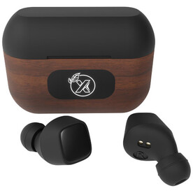 SCX.design E18 True Wireless Ohrhörer mit Leuchtlogo, holz, schwarz bedrucken, Art.-Nr. 1PX05871