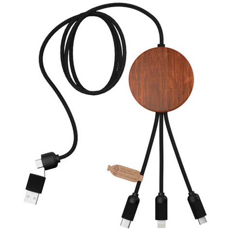 SCX.design C40 5-in-1 Ladekabel aus rPET mit 10W Ladepad und Leuchtlogo, holz, schwarz bedrucken, Art.-Nr. 1PX07371