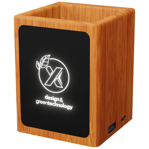 SCX.design O12 Stifthalter aus Holz mit doppeltem USB-Ausgang und Leuchtlogo, holz bedrucken, Art.-Nr. 1PX07771