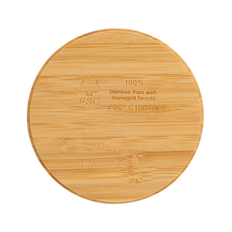 Rundes kabelloses 5W-Ladegerät aus Bambus braun bedrucken, Art.-Nr. P308.229