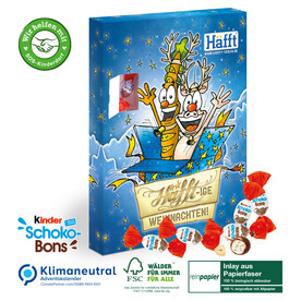 Adventskalender Kinder® Schoko-Bons, Klimaneutral, FSC®, Inlay aus Papierfaser bedrucken, Art.-Nr. 55321-W Adventskalender Kinder® Schoko-Bons, Klimaneutral, FSC®, Inlay aus Papierfaser bedrucken, Art.-Nr. 55321-W