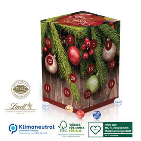 Adventskalender Cube XL Lindt, Klimaneutral, FSC®, Inlay aus 100% recyceltem Material bedrucken, Art.-Nr. 95371-W Adventskalender Cube XL Lindt, Klimaneutral, FSC®, Inlay aus 100% recyceltem Material bedrucken, Art.-Nr. 95371-W