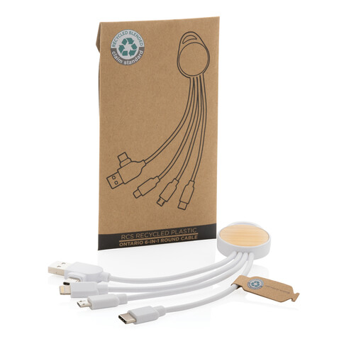 rundes Ontario 6-in-1 Kabel aus RCS recyceltem Kunststoff weiß bedrucken, Art.-Nr. P302.473