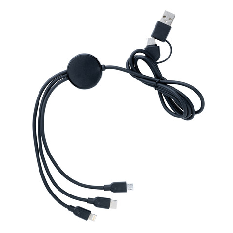 6-in-1 Kabel aus RCS recyceltem TPE und recyceltem Plastik schwarz bedrucken, Art.-Nr. P302.481