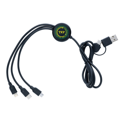 6-in-1 Kabel aus RCS recyceltem TPE und recyceltem Plastik schwarz bedrucken, Art.-Nr. P302.481