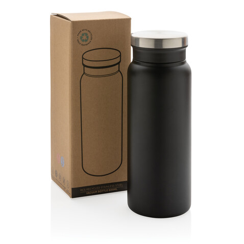 RCS recycelte Stainless Steel Vakuumflasche 600ml schwarz, schwarz bedrucken, Art.-Nr. P433.021