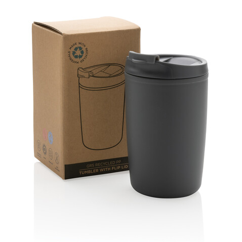 GRS recycelter PP-Becher mit Flip-Deckel grau bedrucken, Art.-Nr. P433.082