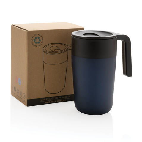 GRS recycelte PP und Stainless Steel Tasse mit Griff navy blau bedrucken, Art.-Nr. P433.235