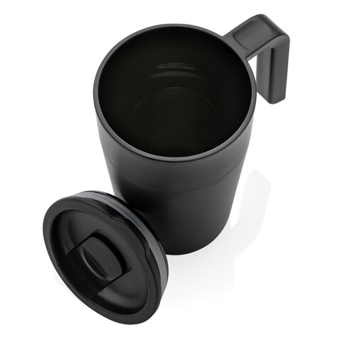 GRS recycelte PP und Stainless Steel Tasse mit Griff schwarz bedrucken, Art.-Nr. P433.231