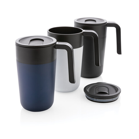 GRS recycelte PP und Stainless Steel Tasse mit Griff schwarz bedrucken, Art.-Nr. P433.231