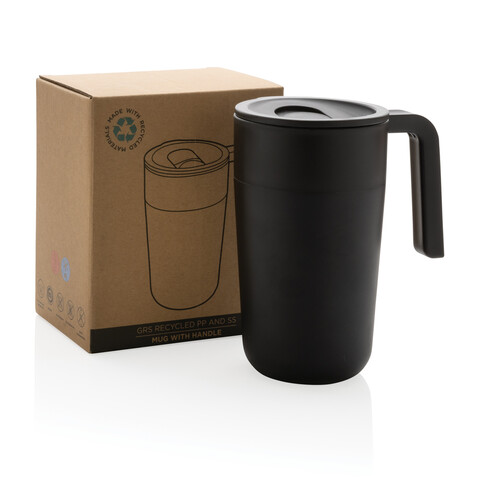 GRS recycelte PP und Stainless Steel Tasse mit Griff schwarz bedrucken, Art.-Nr. P433.231