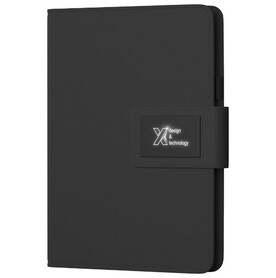SCX.design O16 A5 Notizbuch mit Powerbank und Leuchtlogo, schwarz bedrucken, Art.-Nr. 2PX01190