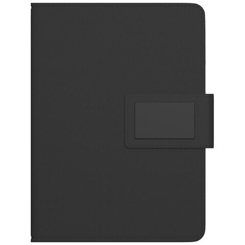 SCX.design O16 A5 Notizbuch mit Powerbank und Leuchtlogo, schwarz bedrucken, Art.-Nr. 2PX01190