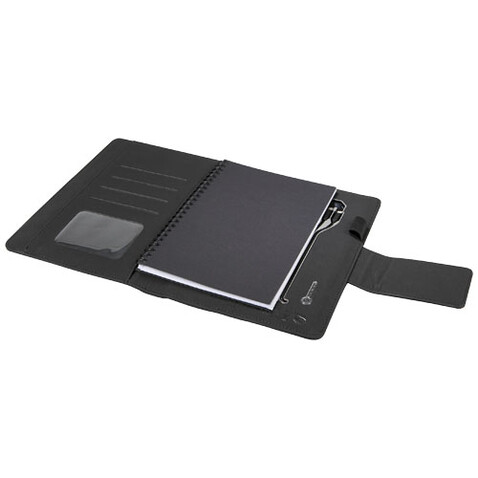 SCX.design O16 A5 Notizbuch mit Powerbank und Leuchtlogo, schwarz bedrucken, Art.-Nr. 2PX01190