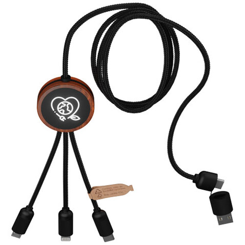 SCX.design C37 40W 5-in-1 rPET Ladekabel in rundem Bambusgehäuse mit Leuchtlogo, holz bedrucken, Art.-Nr. 2PX07171