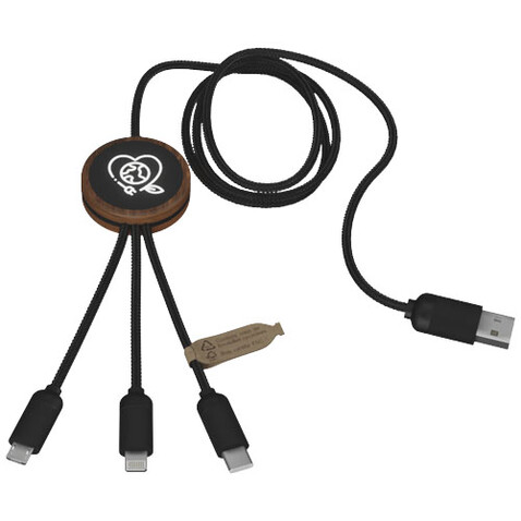 SCX.design C36 3-in-1 rPET erweitertes Ladekabel mit Leuchtlogo in rundem Bambusgehäuse, holz bedrucken, Art.-Nr. 2PX08471