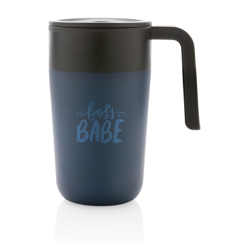 GRS recycelte PP und Stainless Steel Tasse mit Griff navy blau bedrucken, Art.-Nr. P433.235