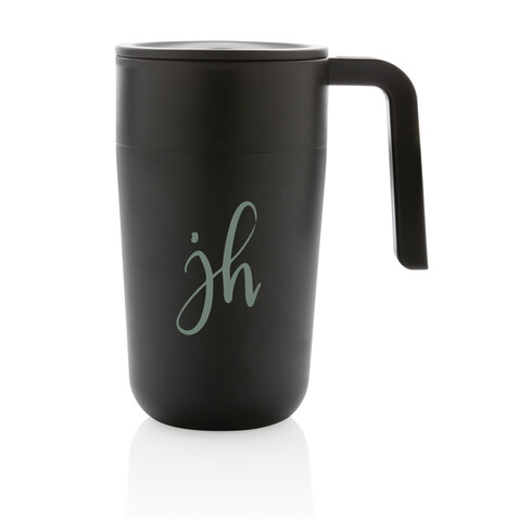 GRS recycelte PP und Stainless Steel Tasse mit Griff schwarz bedrucken, Art.-Nr. P433.231