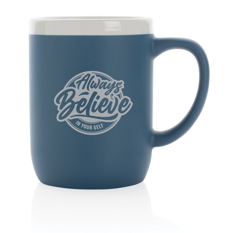 Keramiktasse mit weißem Rand, 300ml blau, weiß bedrucken, Art.-Nr. P434.095