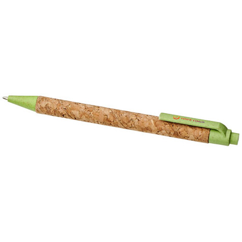 Midar Kugelschreiber aus Kork und Weizenstroh, natur, apfelgrün bedrucken, Art.-Nr. 10738502