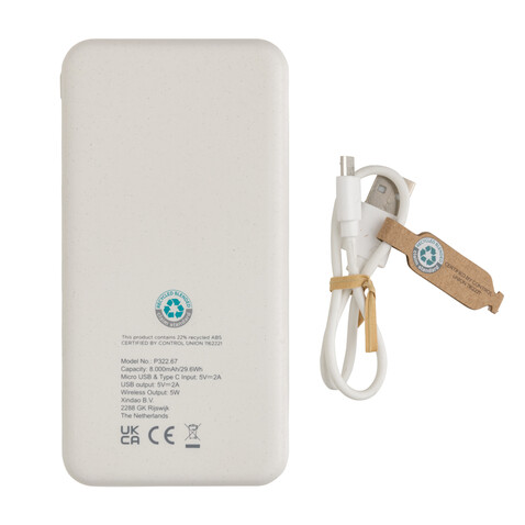 Wireless Powerbank aus RCS Standard recyceltem Kunststoff weiß bedrucken, Art.-Nr. P322.673