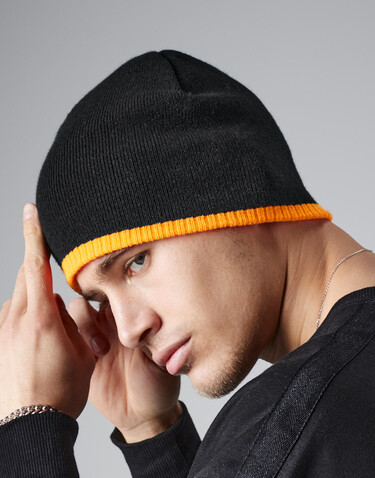 Beechfield Two-Tone Beanie Knitted Hat, Black/Fluorescent Yellow, One Size bedrucken, Art.-Nr. 307691460
