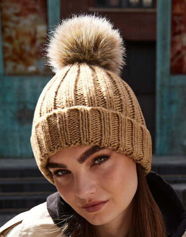 Beechfield Fur Pop Pom Chunky Beanie, Oatmeal, One Size bedrucken, Art.-Nr. 364697040