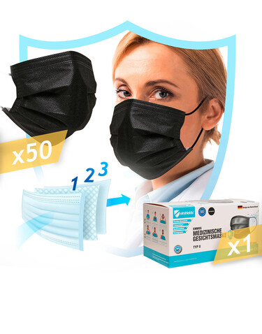 Virshields Medical face mask 3-ply, Black, One Size bedrucken, Art.-Nr. 996631010
