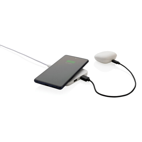 10W Wireless Charger aus RSC recycl. Kunststoff mit Dual-USB weiß bedrucken, Art.-Nr. P308.463