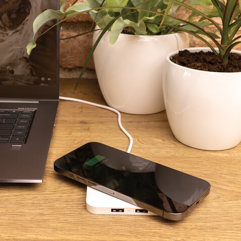 10W Wireless Charger aus RSC recycl. Kunststoff mit Dual-USB weiß bedrucken, Art.-Nr. P308.463