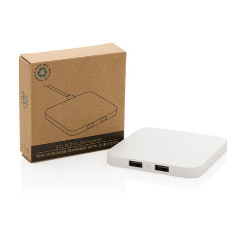 10W Wireless Charger aus RSC recycl. Kunststoff mit Dual-USB weiß bedrucken, Art.-Nr. P308.463