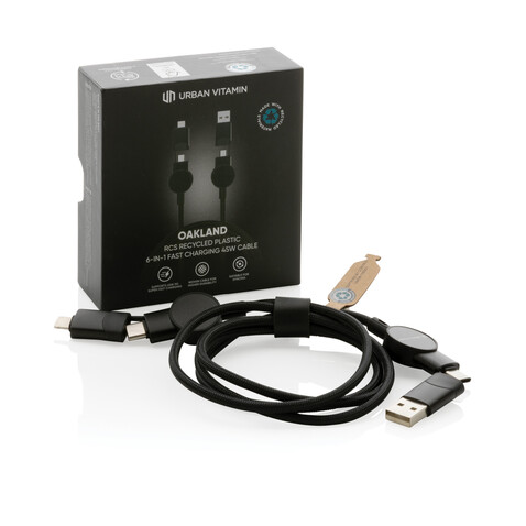 Oakland RCS rKunststoff 1,2m 6-in-1 Fast-Charging 45W Kabel schwarz bedrucken, Art.-Nr. P302.701