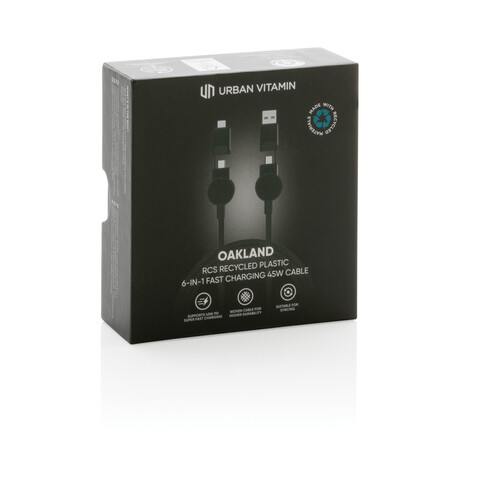 Oakland RCS rKunststoff 1,2m 6-in-1 Fast-Charging 45W Kabel schwarz bedrucken, Art.-Nr. P302.701