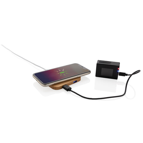 10W Wireless-Charger mit USB aus Bambus braun bedrucken, Art.-Nr. P308.379