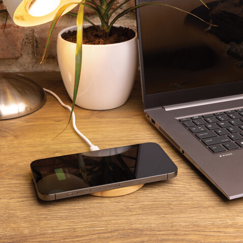15W Bambus Wireless Charger braun bedrucken, Art.-Nr. P308.389