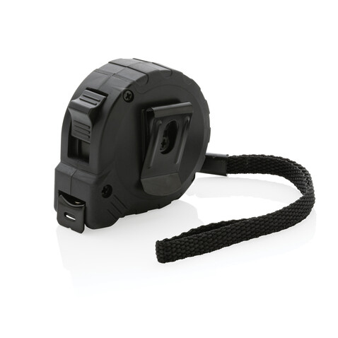 3m/16mm Maßband mit Stop-Taste aus RCS recycelt. Kunststoff schwarz bedrucken, Art.-Nr. P112.121